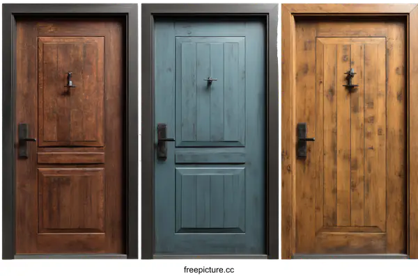 [Transparent Background PNG]Three Entrance Doors in Different Wood Tones