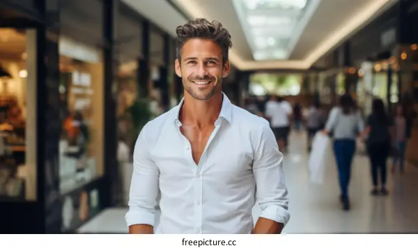 Handsome man with brown hair wearing white shirt standing in shopping mall