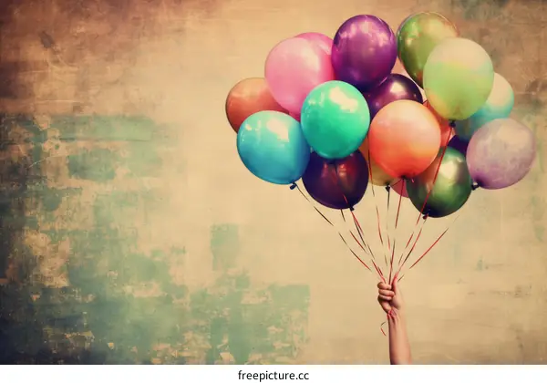 A hand holding a bunch of colorful balloons