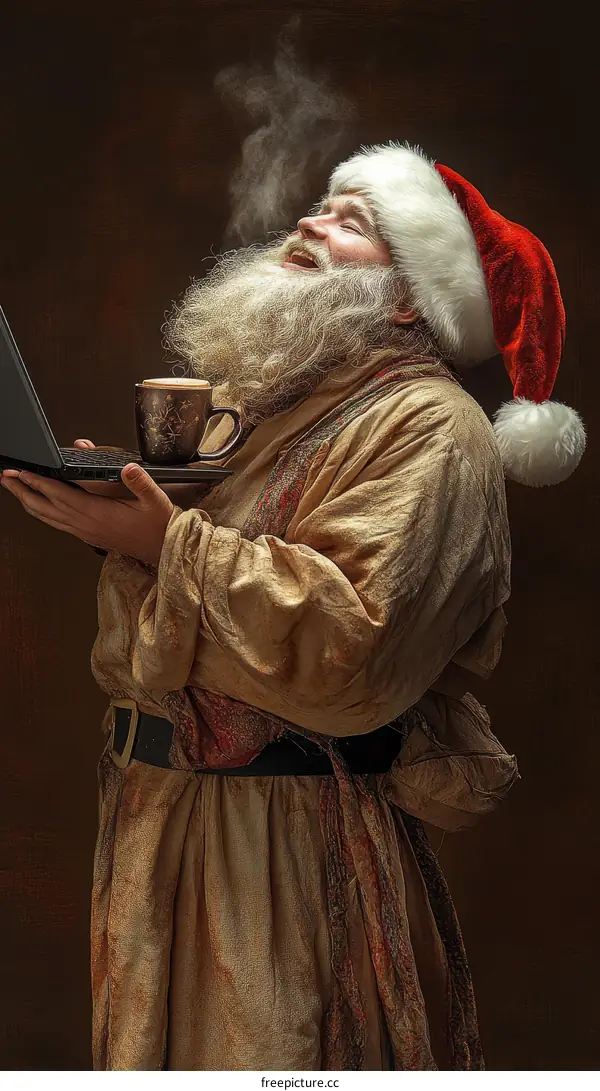 Santa Claus with a Laptop and Hot Drink