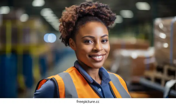 Portrait of a smiling African American woman wearing a reflective vest in a warehouse