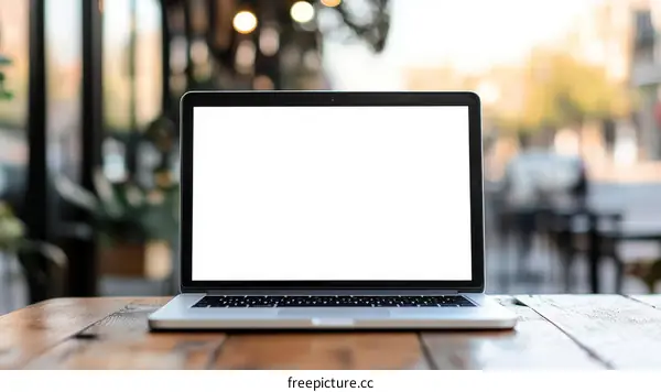 Laptop Blank Screen Outdoor Cafe Scene