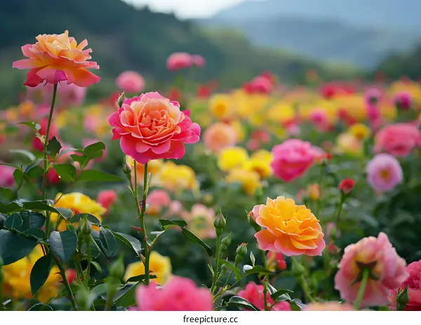 Colorful Rose Garden in the Field