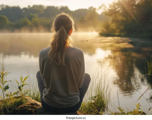 girl sitting on a rock in front of a lake enjoying the sunset