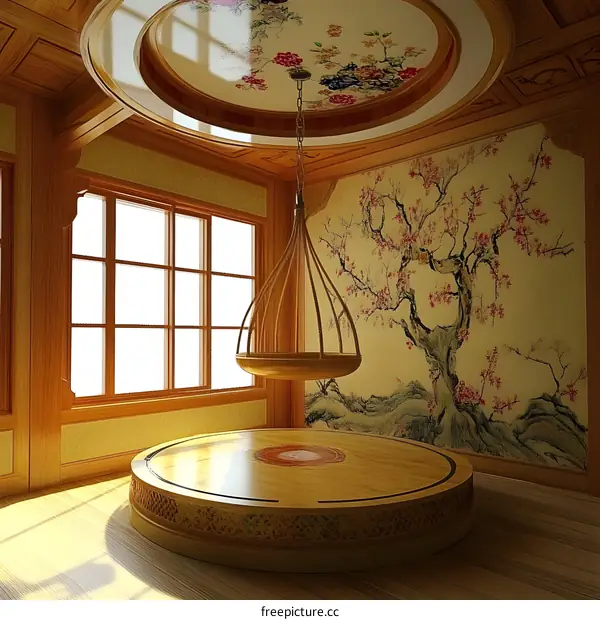 Traditional Asian Interior Design with Round Platform and Hanging Lamp
