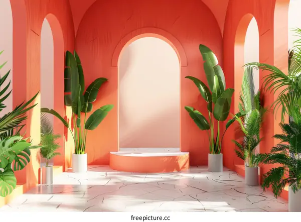 Coral-Colored Tropical Indoor Space Design