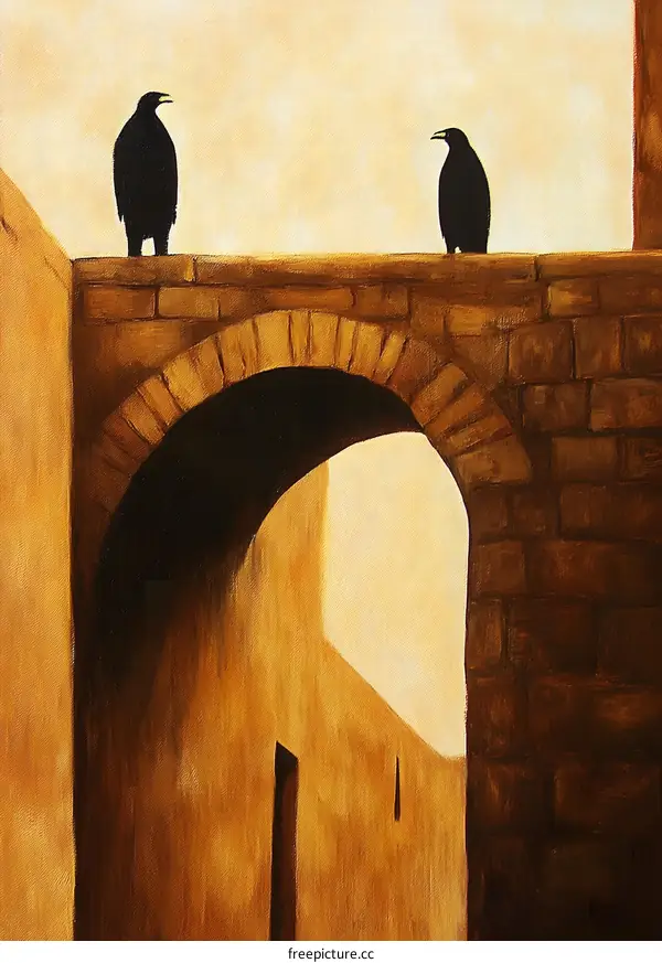 Two Crows on a Stone Archway Painting