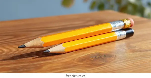 Two Yellow Pencils on Wooden Table