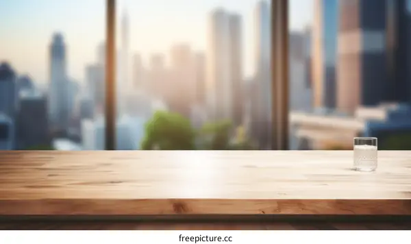 Glass of water on wooden table with blurred cityscape view in the window