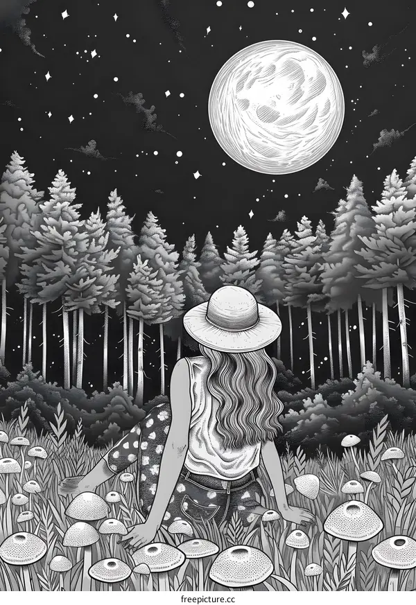 girl sitting in a field of mushrooms looking at the moon