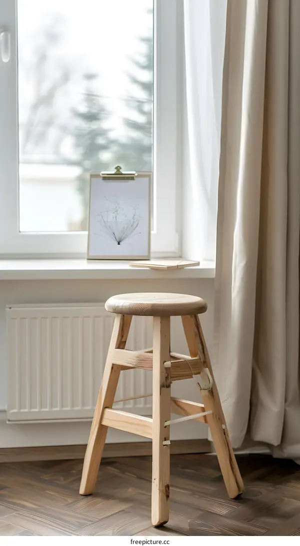 Wooden Stool Near Window With White Curtains