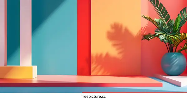 Colorful Minimalist Background with Palm Leaf and Shadow