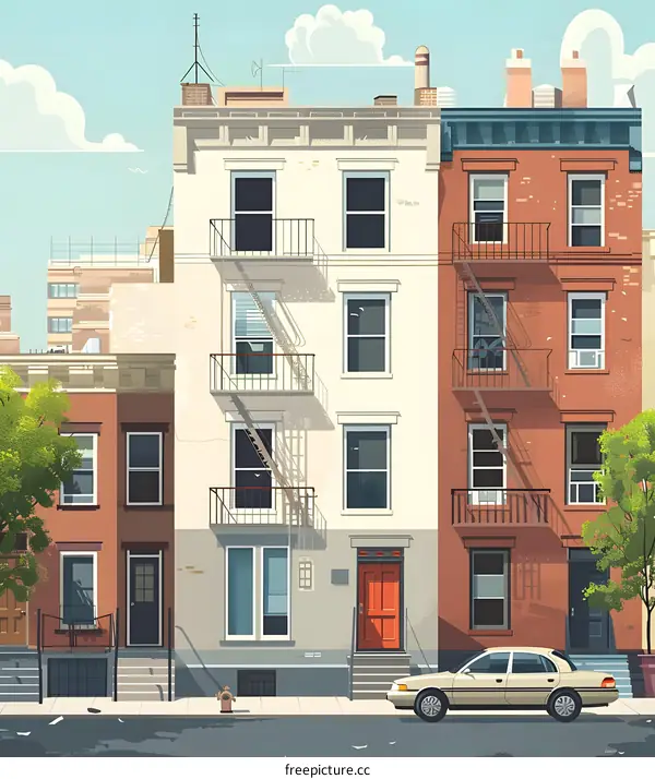 Cityscape Illustration with Red Door and Car