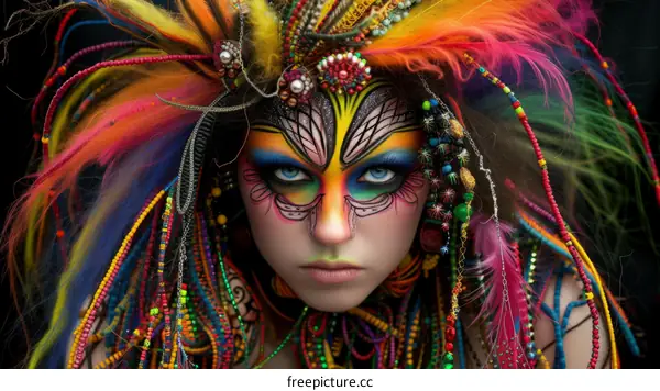 A woman with colorful face paint and headdress