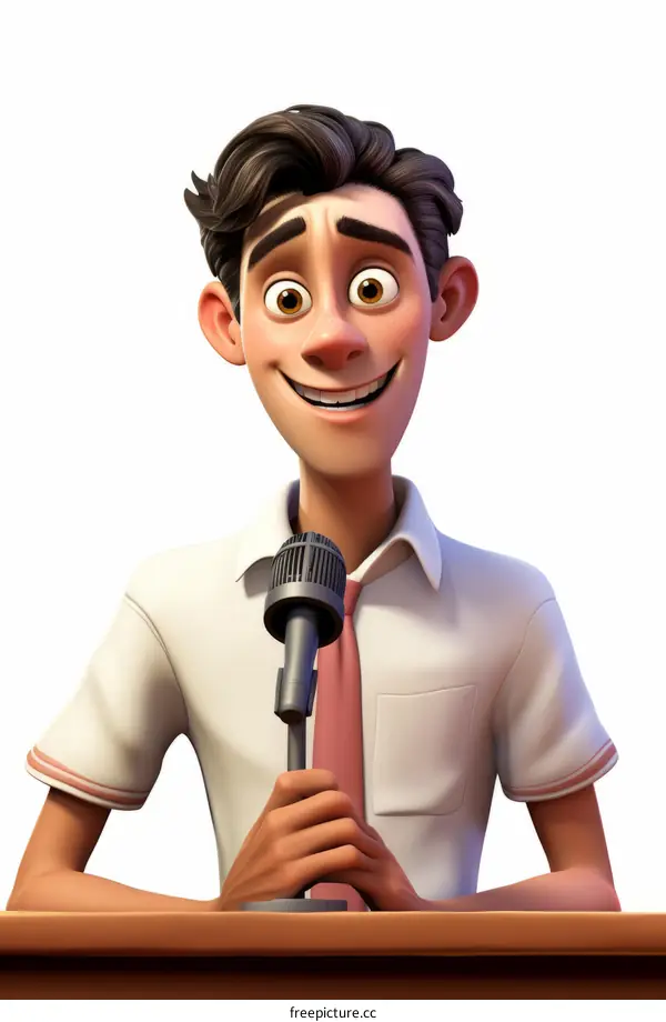 Confident young man giving speech on podium