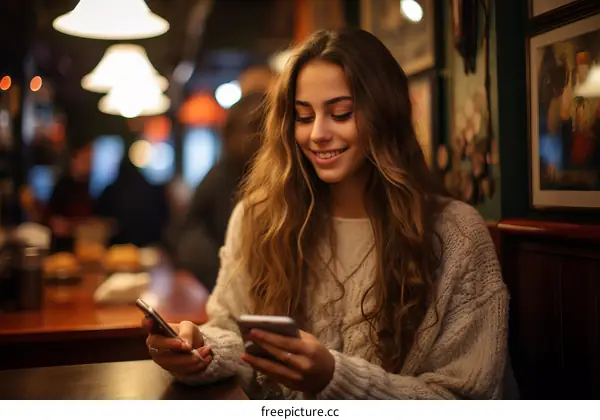 Young woman sitting in a restaurant using two smartphones