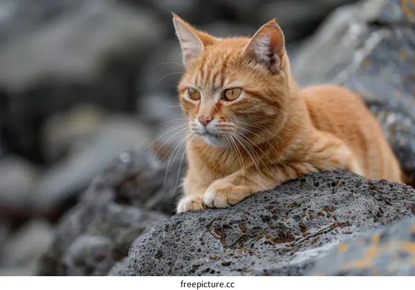 ginger cat resting on a rock near the ocean