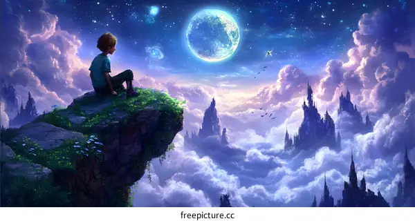 Fantasy Boy Watching the Stars and Moon in Sky