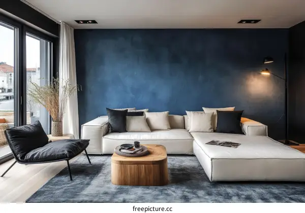 Modern Living Room Interior Design with Dark Blue Wall