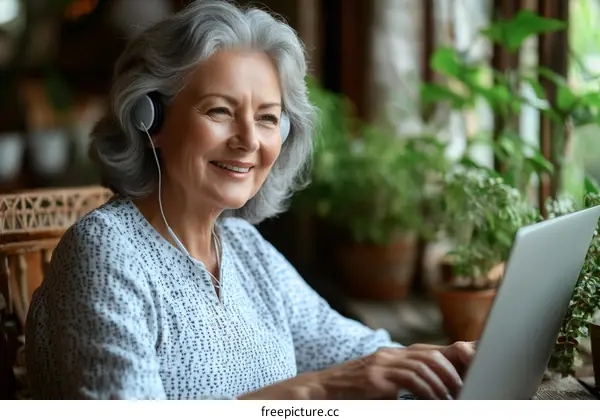 Senior Woman Enjoying Online Music with Laptop