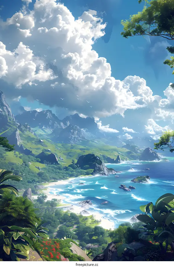 fantasy landscape with blue ocean and green mountains