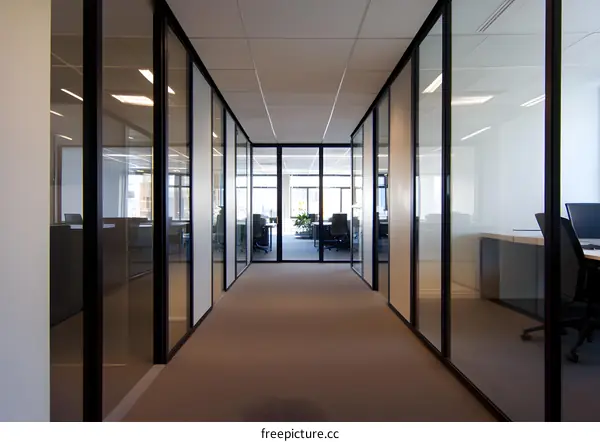 Modern Office Hallway With Glass Walls