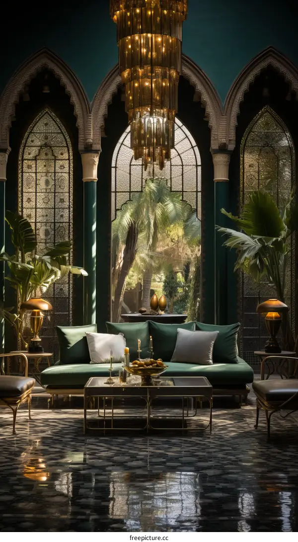 Living room with green walls and large windows