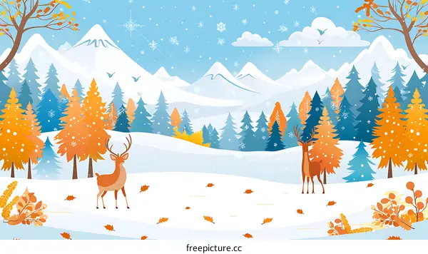 Winter Wonderland With Deer In Snowy Forest