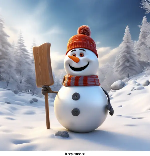 A Joyful Snowman Is Standing in the Snow and Holding a Sign