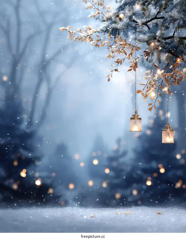 Winter Wonderland Snowy Forest Scene with Christmas Lights