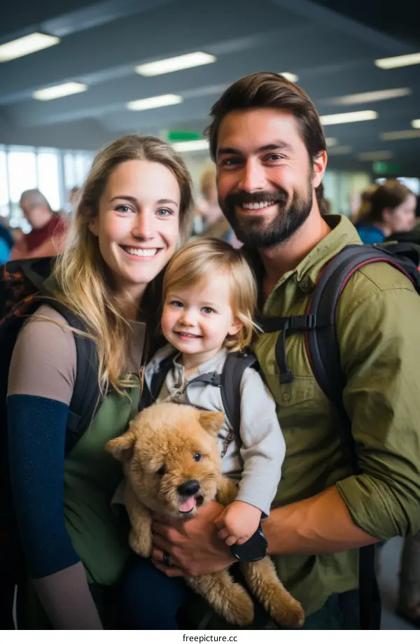 Family of three at airport with dog
