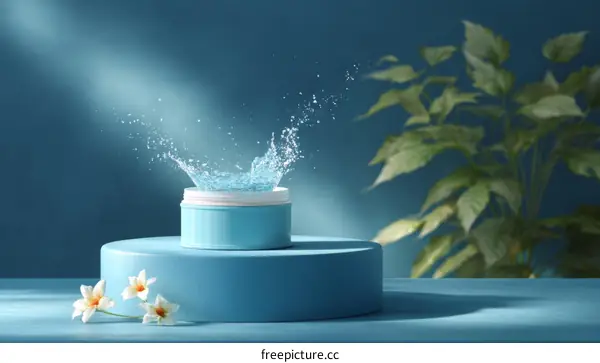 Water Splashing Cosmetic Jar on a Blue Display