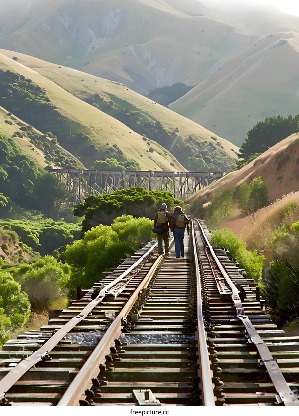 Two People Walking on Railroad Tracks in New Zealand Mountains