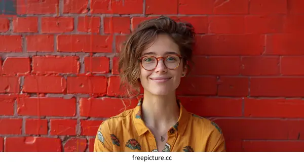 portrait of a young woman with glasses smiling in front of a brick wall