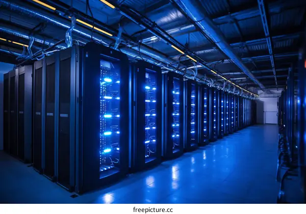Blue lit data center with rows of server racks