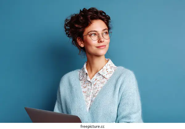 Woman with Glasses Looking Upward at Laptop