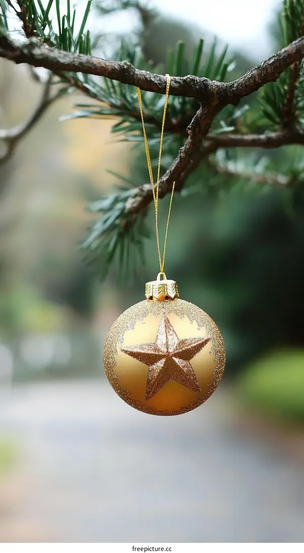 Golden Christmas Ornament Hanging on a Tree Branch
