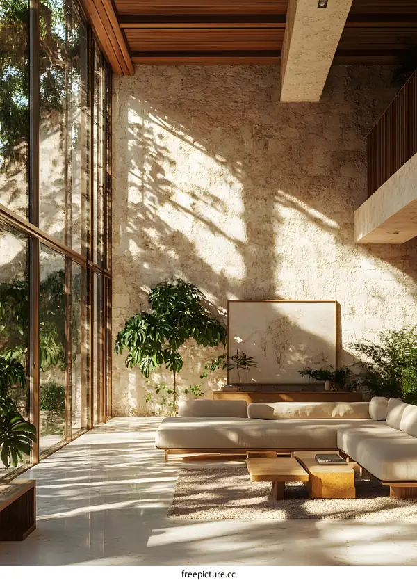 Modern Living Room Interior Design with Large Window and Beige Sofa