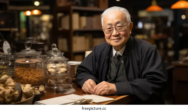 An elderly man in a black suit is sitting at a desk in a traditional Chinese medicine store.