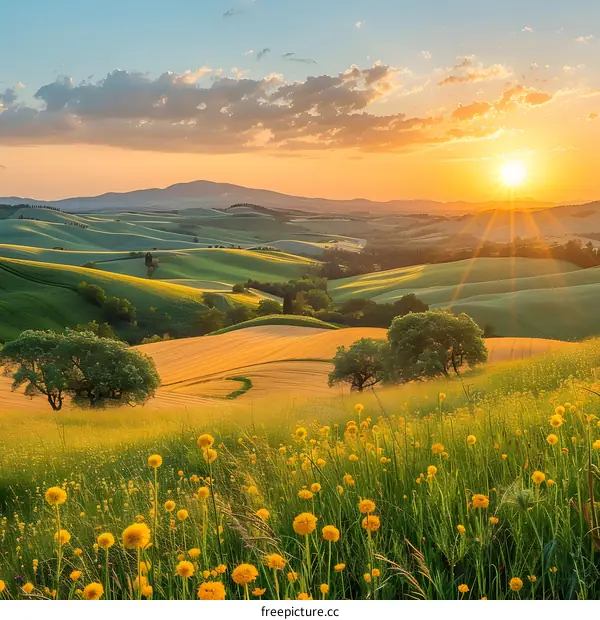 Rolling green hills at sunset with bright yellow flowers in the foreground