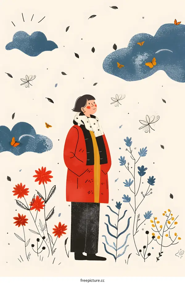 Woman in Red Coat Standing in a Field of Flowers