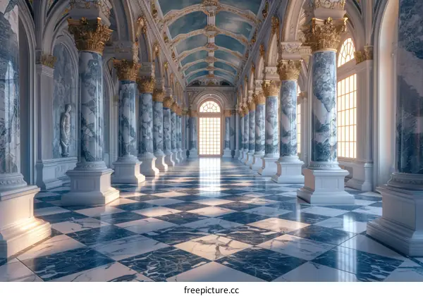 Opulent Hallway with Marble Columns and Checkered Floor