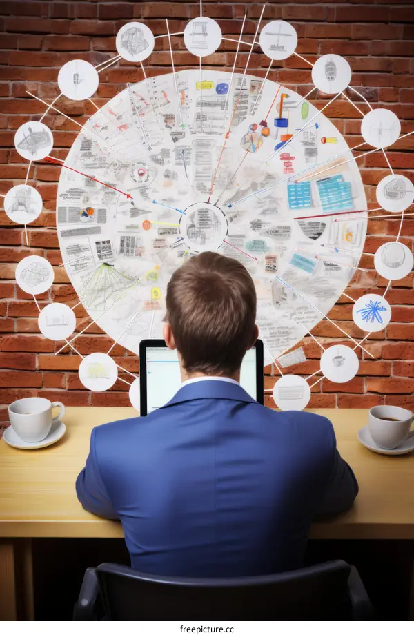 Businessman studying complex diagram and drinking coffee