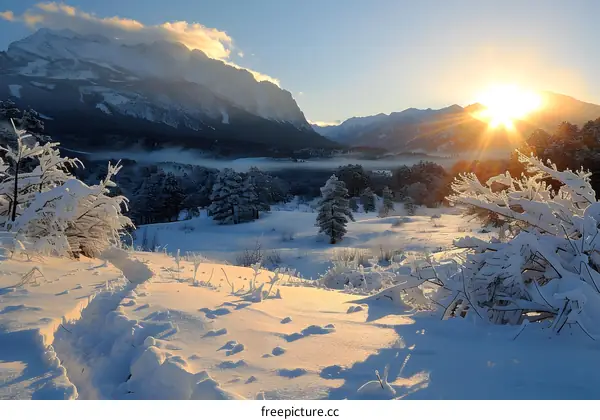 Snowy Mountain Landscape with Sun Shining Through the Trees