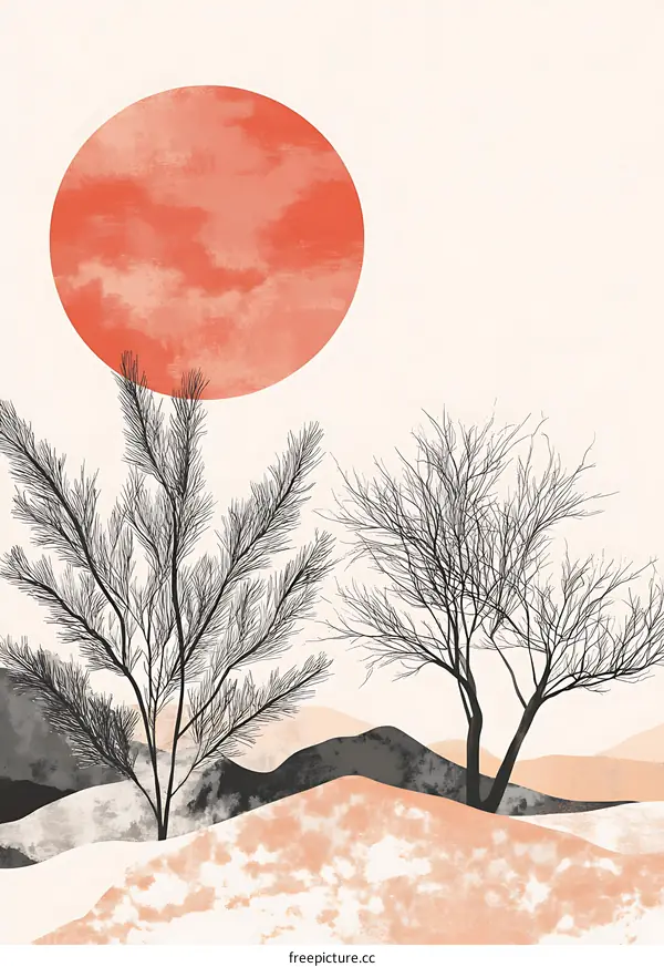 Abstract Minimalist Landscape With Sun And Trees