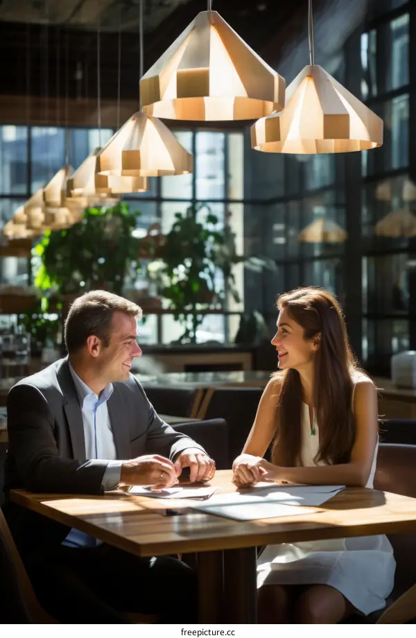 Businessman and businesswoman having a meeting in a restaurant