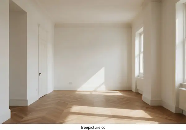 Empty room with white walls and herringbone wooden floor