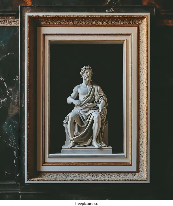 Marble Statue of a Seated Man in a Museum Frame
