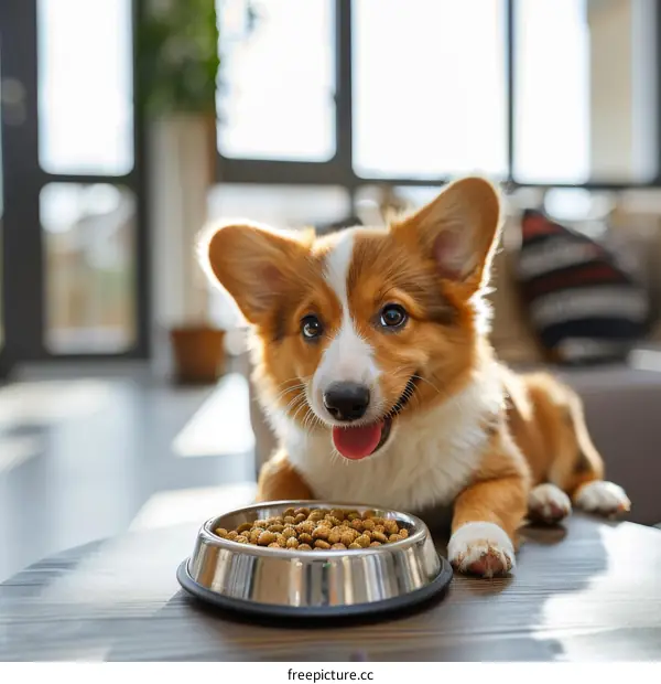 A cute puppy is eating food from a bowl