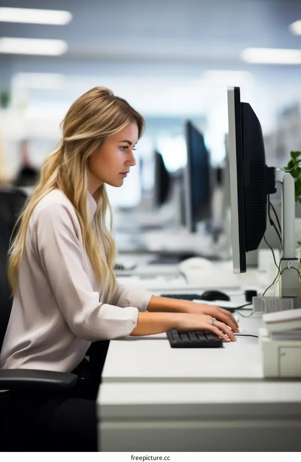 A blonde woman in a white blouse works at her computer in an office